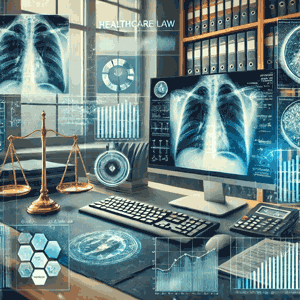 Healthcare Law Image with Radiolody X Ray and Geometric shapes over office